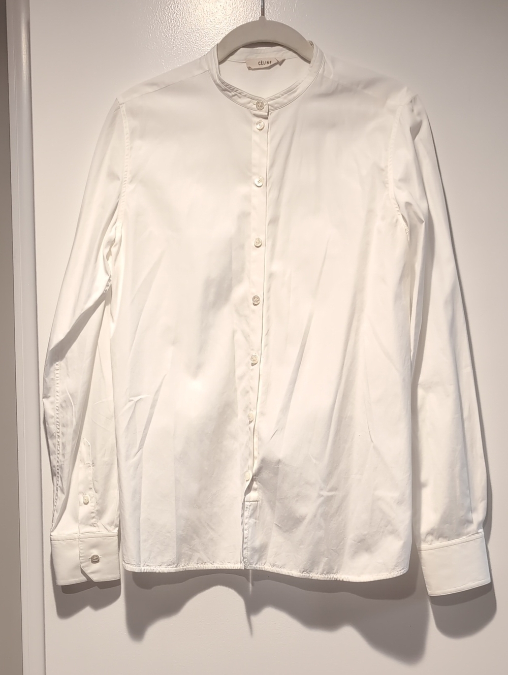White Button-Front Mandarin Collar Shirt